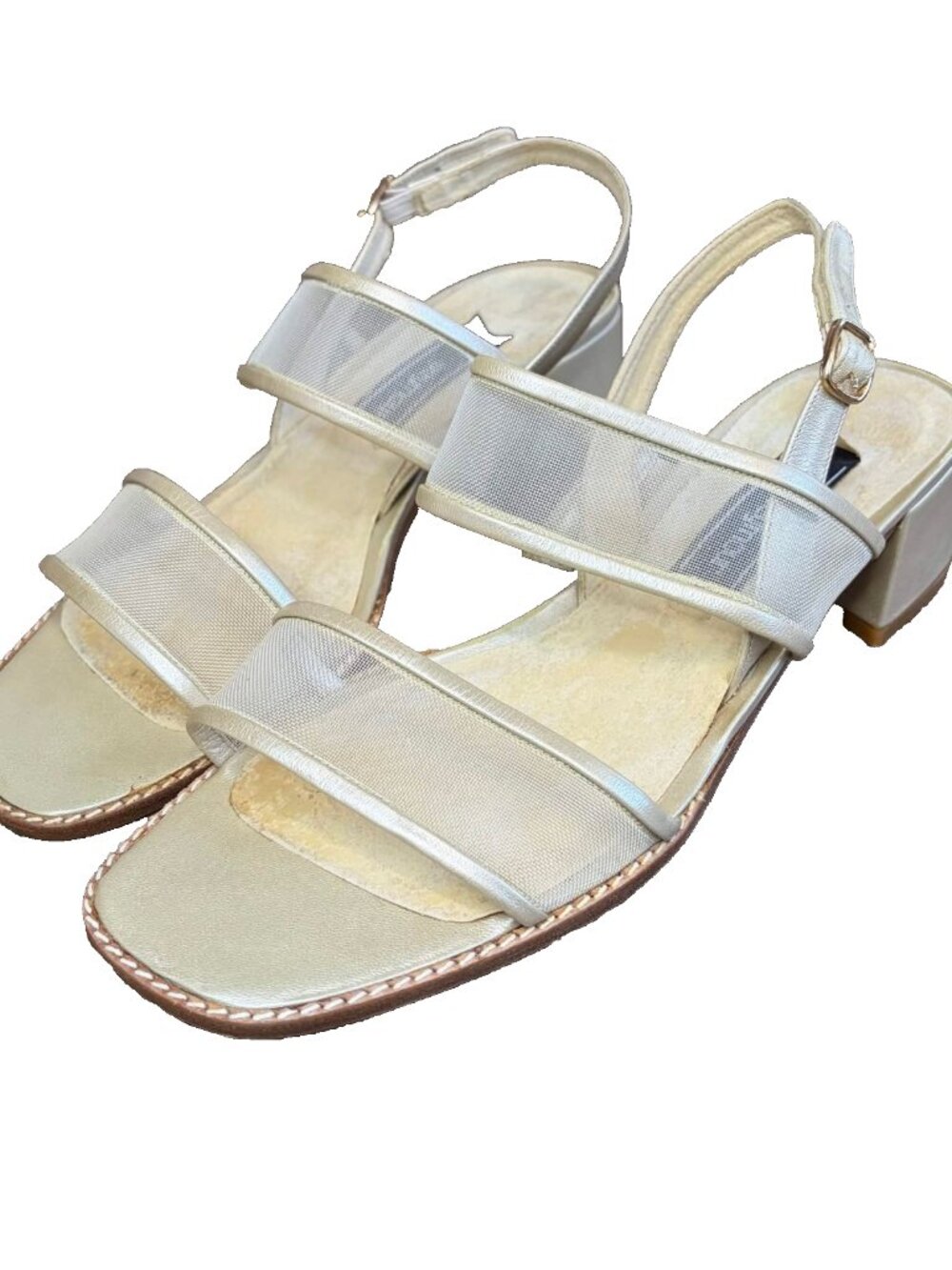 Mr Seymour Vintage 70s 80s Gold Mesh Slingback Sandal Size 10 Block Heel Leather